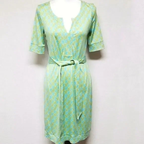Rare Lilly Pulitzer Stretchy Silk Green Blue Houndstooth V-neck Belted Dress 4 - Picture 4 of 11